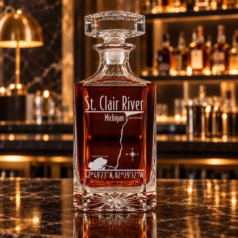 St. Clair River Michigan Modern engraved square whiskey decanter - decanter alone