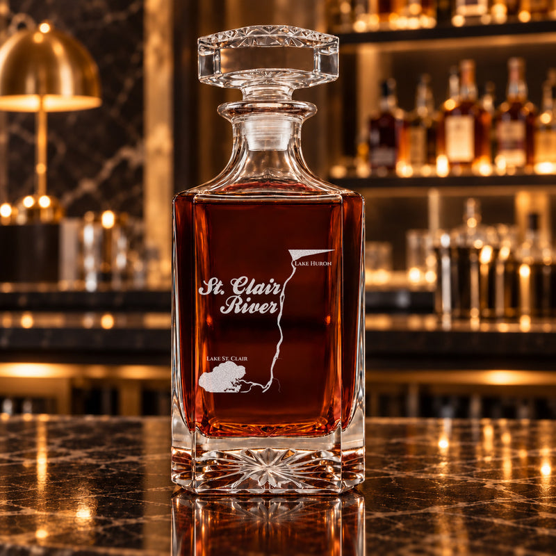 St. Clair River Michigan Minimalist engraved square whiskey decanter - decanter alone