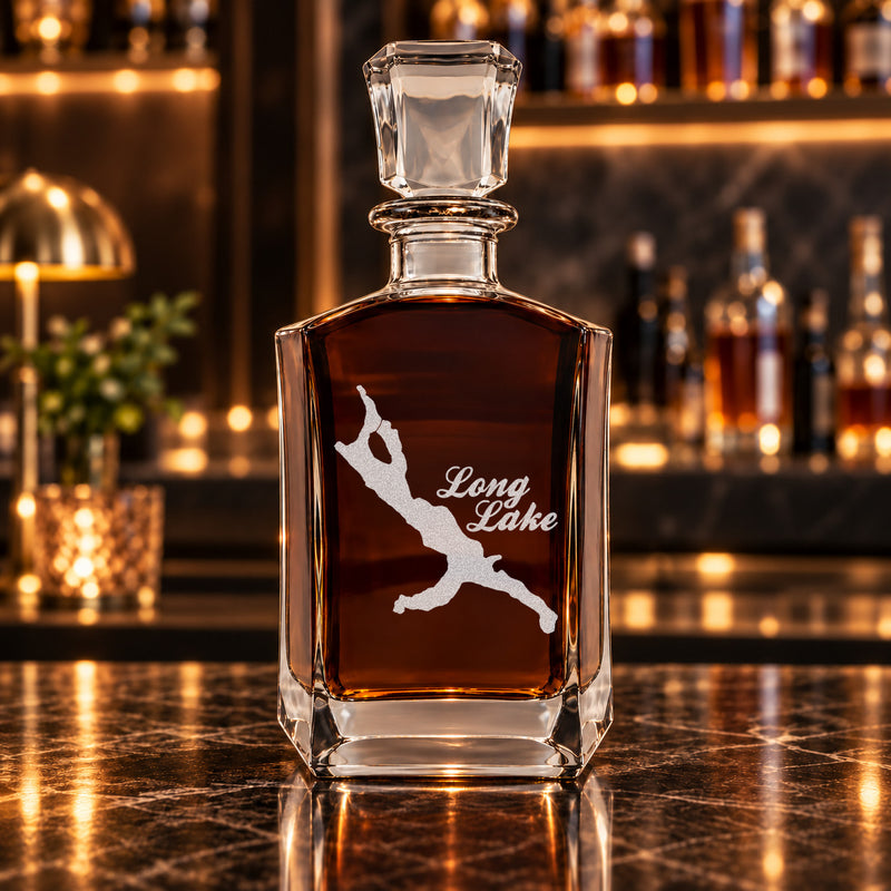 Long Lake Maine Minimalist engraved six-sided whiskey decanter - decanter alone