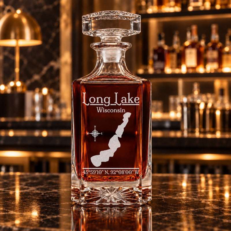 Long Lake Wisconsin Classic engraved square whiskey decanter - decanter alone