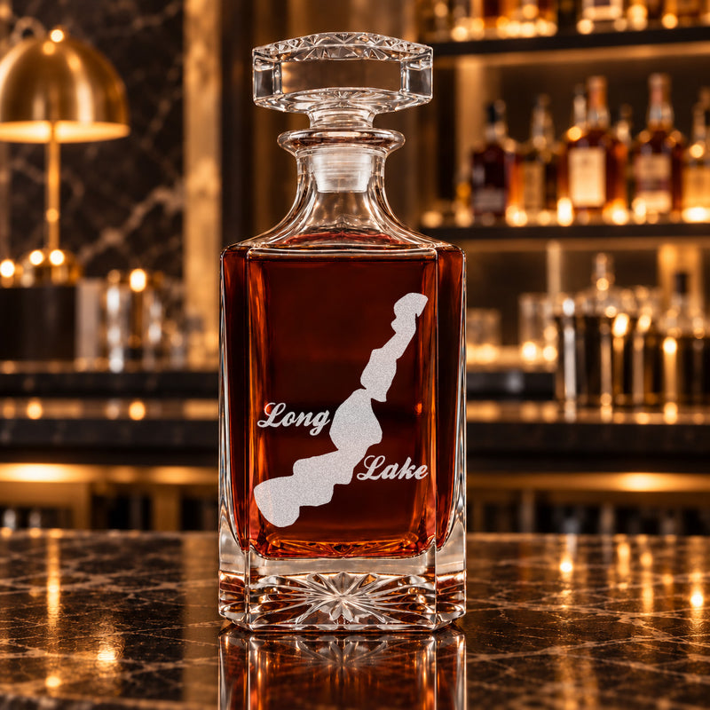 Long Lake Wisconsin Minimalist engraved square whiskey decanter - decanter alone