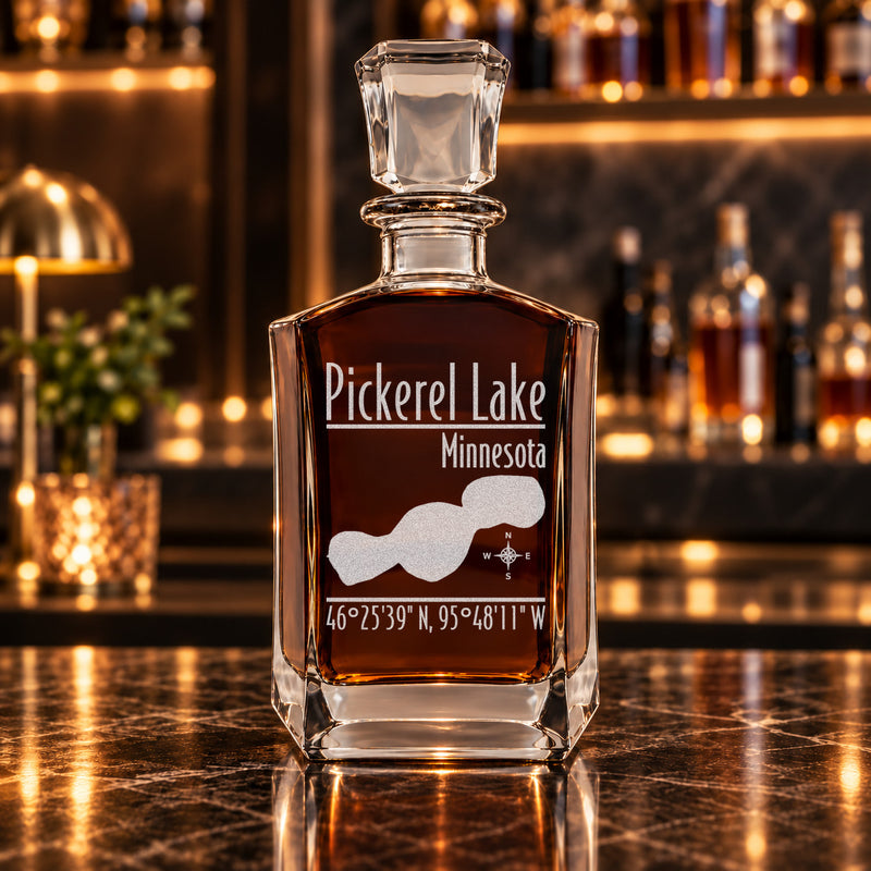 Pickerel Lake Minnesota Modern engraved six-sided whiskey decanter - decanter alone