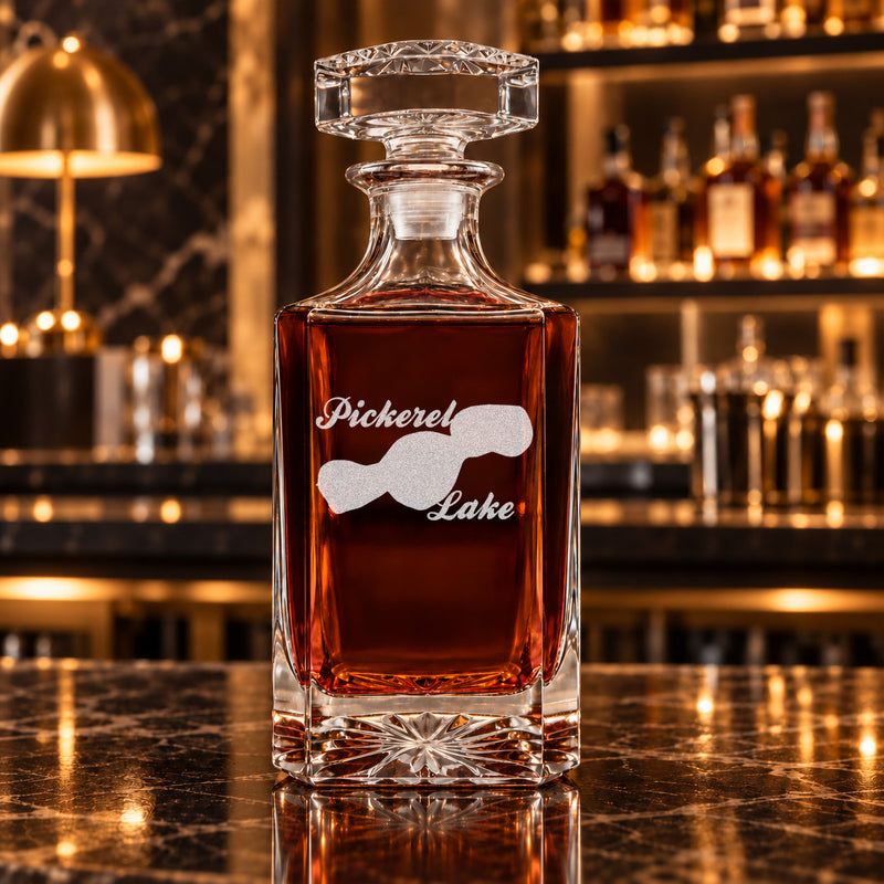 Pickerel Lake Minnesota Minimalist engraved square whiskey decanter - decanter alone