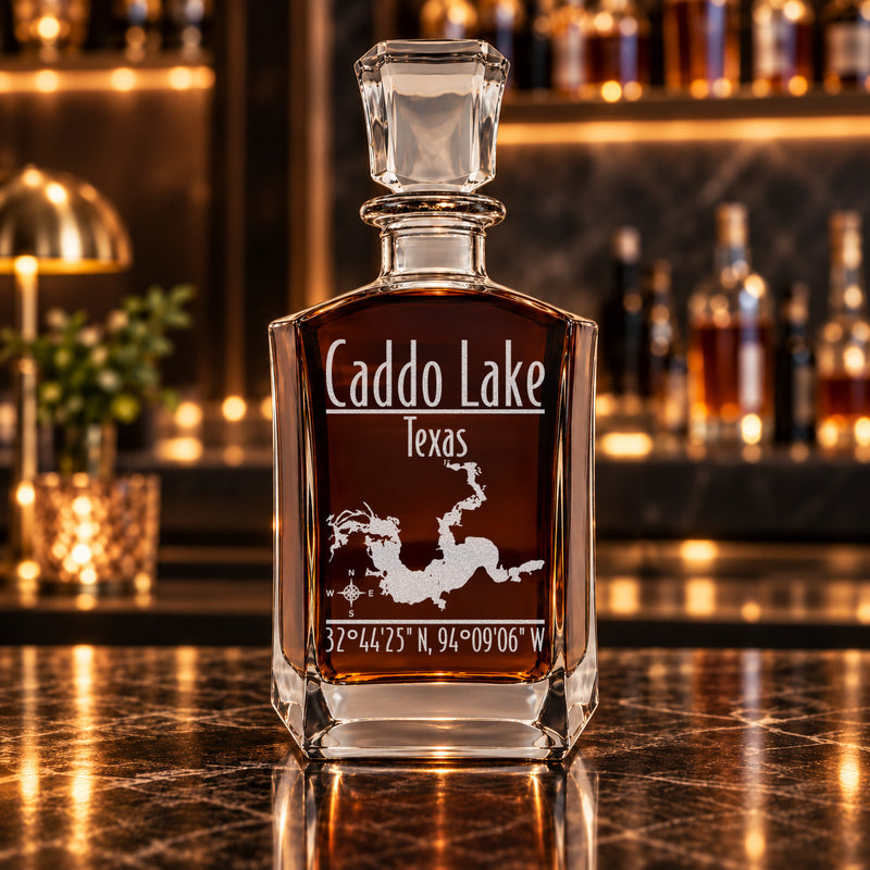 Caddo Lake Texas Modern engraved six-sided whiskey decanter - decanter alone