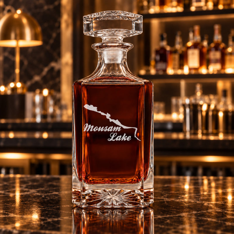 Mousam Lake Maine Minimalist engraved square whiskey decanter - decanter alone