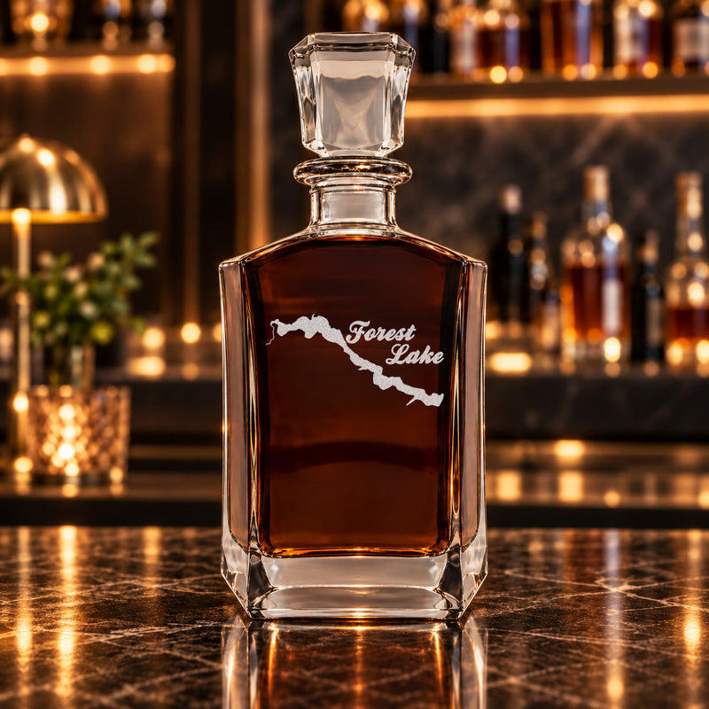 Forest Lake Michigan Minimalist engraved six-sided whiskey decanter - decanter alone