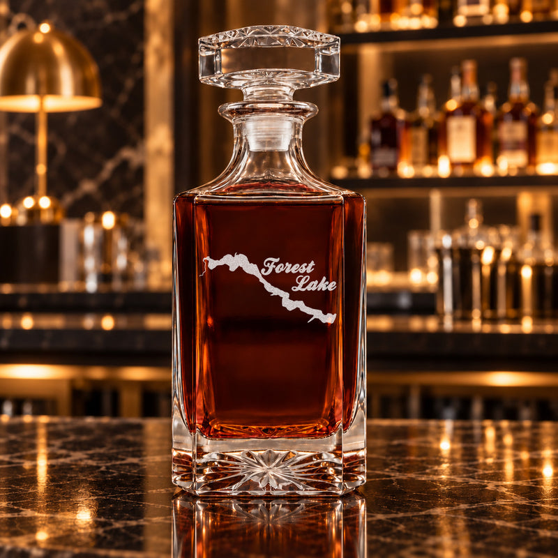 Forest Lake Michigan Minimalist engraved square whiskey decanter - decanter alone