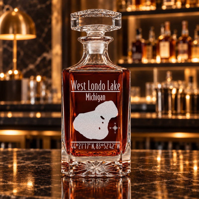 West Londo Lake Michigan Modern engraved square whiskey decanter - decanter alone