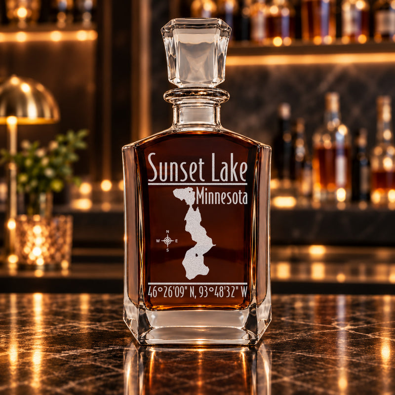 Sunset Lake Minnesota Modern engraved six-sided whiskey decanter - decanter alone