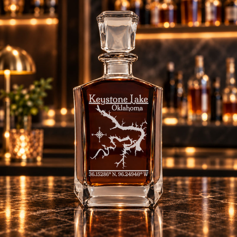 Keystone Lake Oklahoma Classic engraved six-sided whiskey decanter - decanter alone