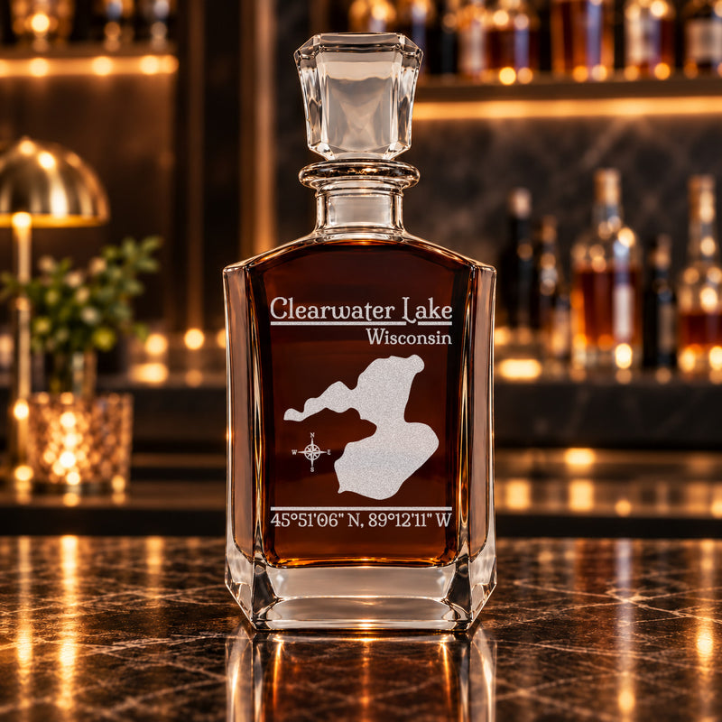 Clearwater Lake Wisconsin Classic engraved six-sided whiskey decanter - decanter alone