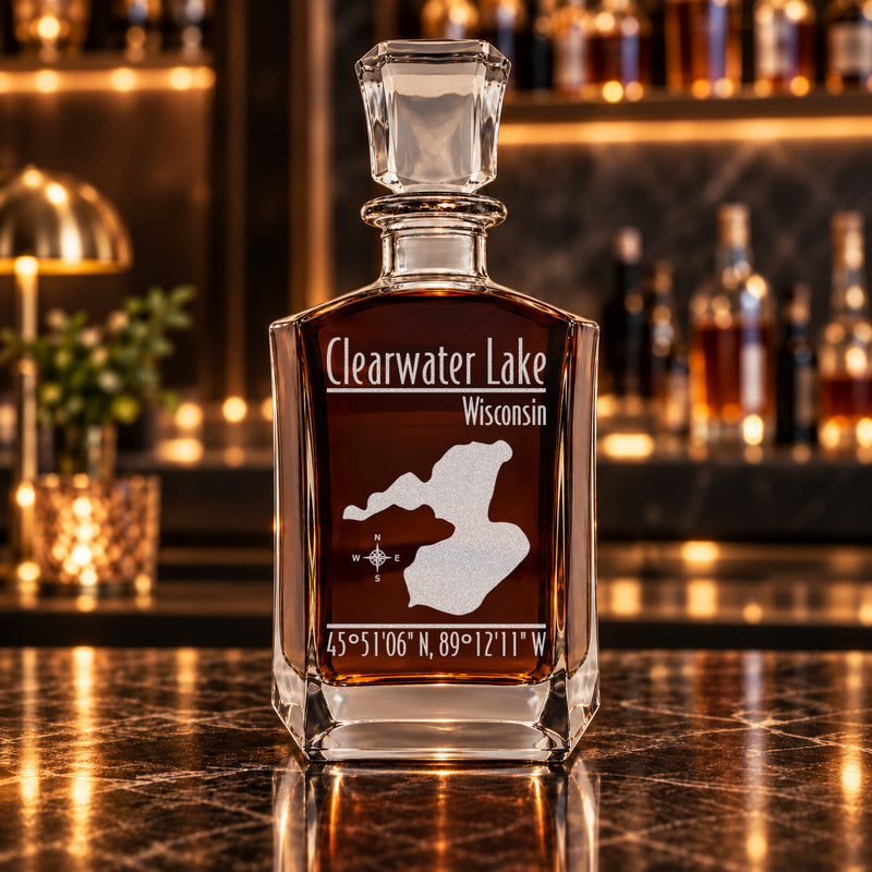Clearwater Lake Wisconsin Modern engraved six-sided whiskey decanter - decanter alone