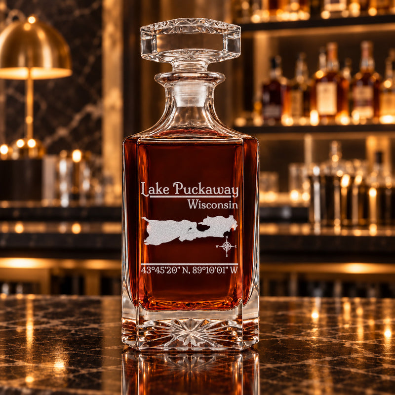 Lake Puckaway Wisconsin Classic engraved square whiskey decanter - decanter alone