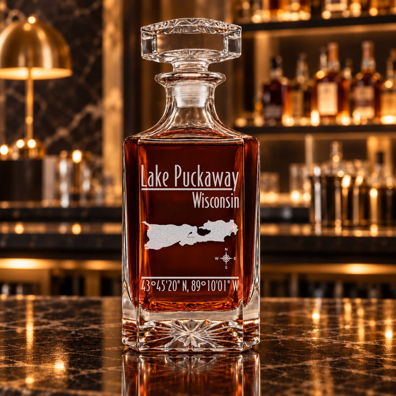 Lake Puckaway Wisconsin Modern engraved square whiskey decanter - decanter alone