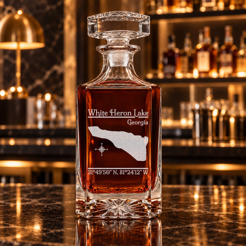 White Heron Lake Georgia Classic engraved square whiskey decanter - decanter alone