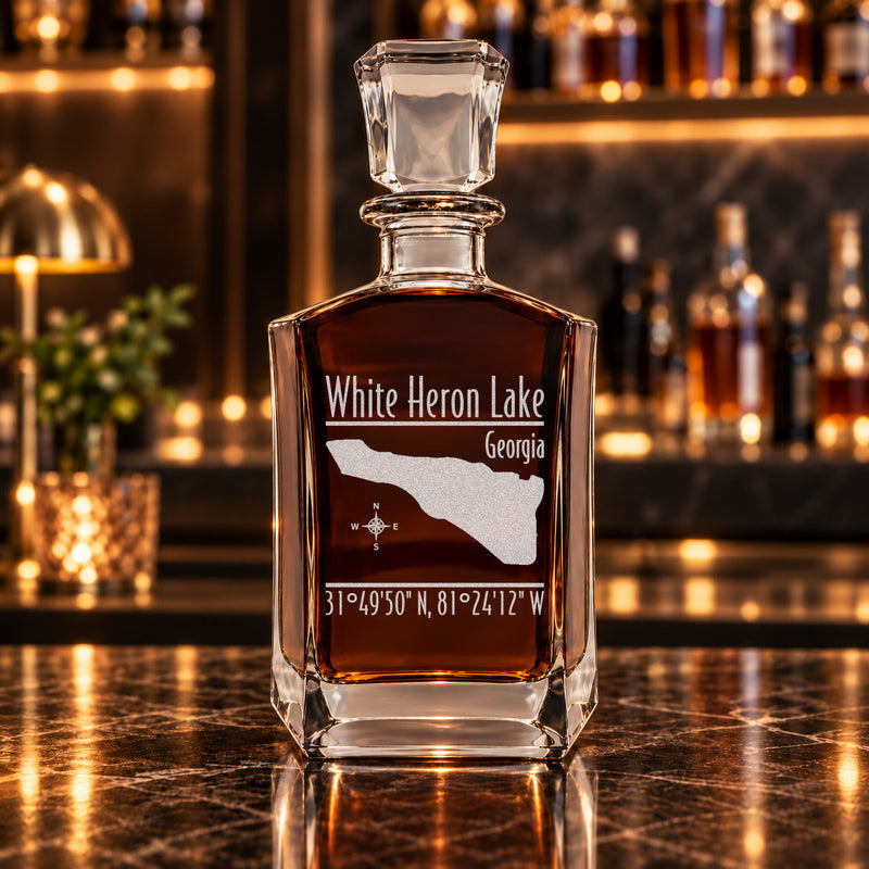 White Heron Lake Georgia Modern engraved six-sided whiskey decanter - decanter alone