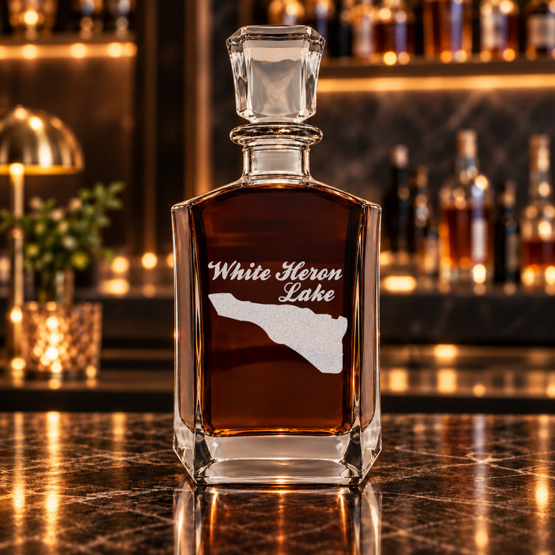 White Heron Lake Georgia Minimalist engraved six-sided whiskey decanter - decanter alone