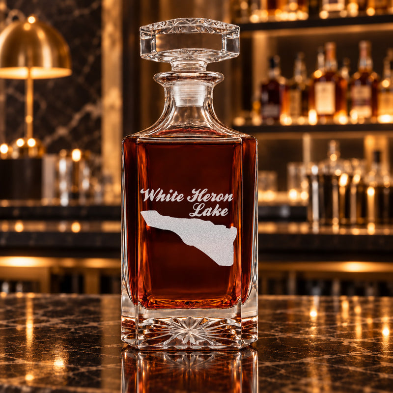 White Heron Lake Georgia Minimalist engraved square whiskey decanter - decanter alone