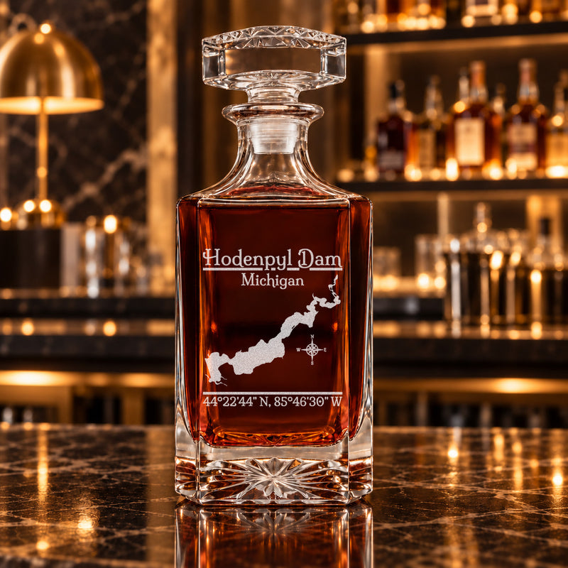 Hodenpyl Dam Michigan Classic engraved square whiskey decanter - decanter alone