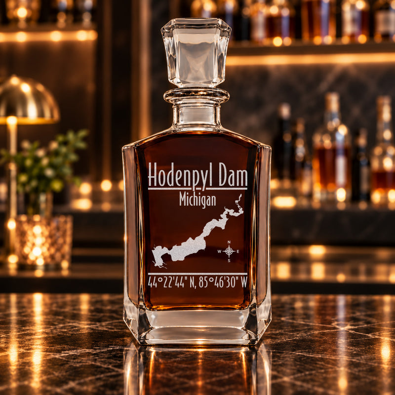 Hodenpyl Dam Michigan Modern engraved six-sided whiskey decanter - decanter alone