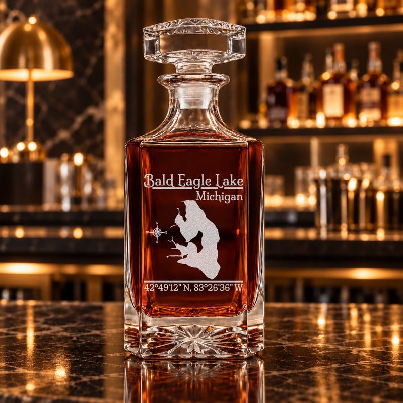 Bald Eagle Lake Michigan Classic engraved square whiskey decanter - decanter alone