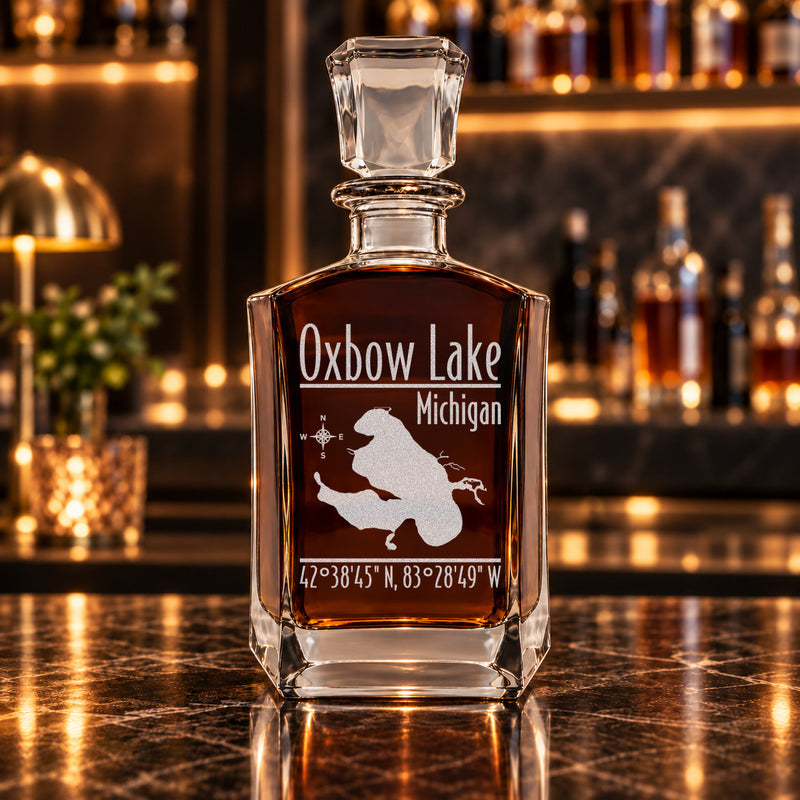 Oxbow Lake Michigan Modern engraved six-sided whiskey decanter - decanter alone
