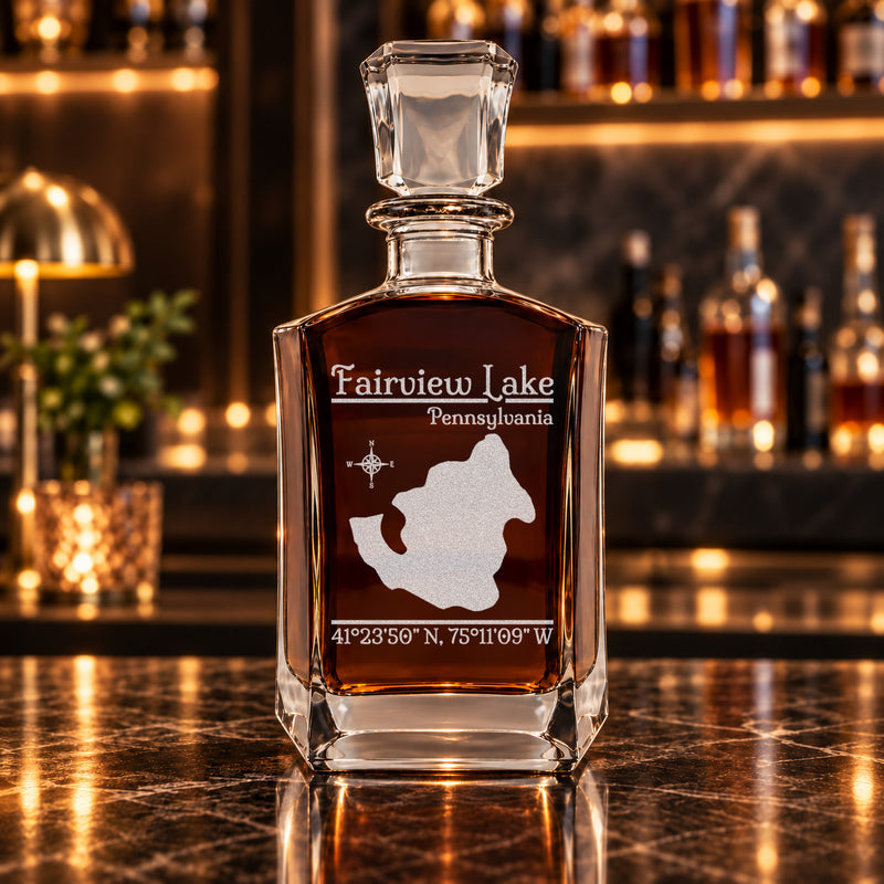 Fairview Lake Pennsylvania Classic engraved six-sided whiskey decanter - decanter alone