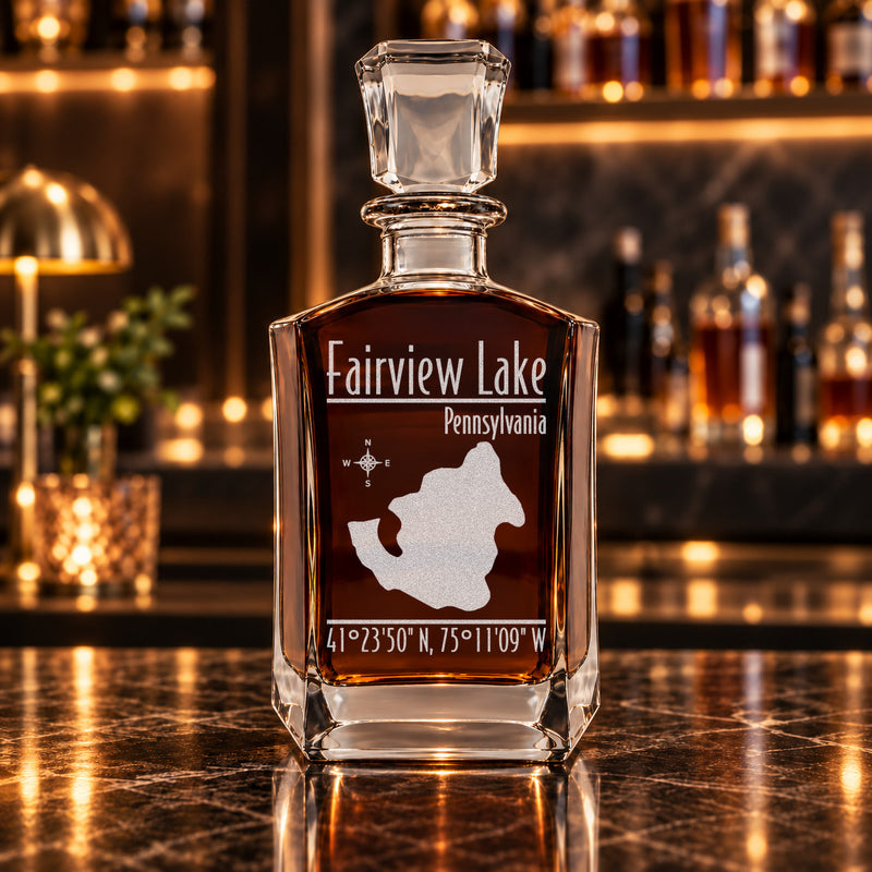 Fairview Lake Pennsylvania Modern engraved six-sided whiskey decanter - decanter alone