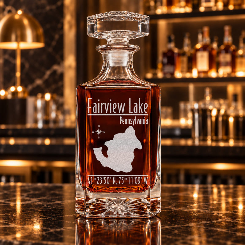 Fairview Lake Pennsylvania Modern engraved square whiskey decanter - decanter alone
