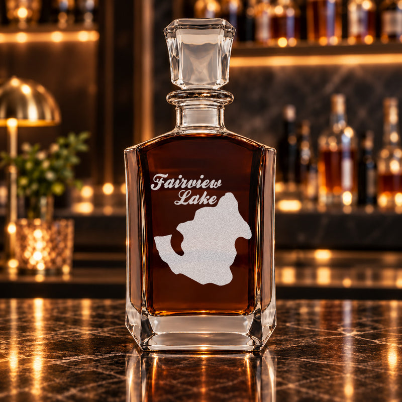 Fairview Lake Pennsylvania Minimalist engraved six-sided whiskey decanter - decanter alone