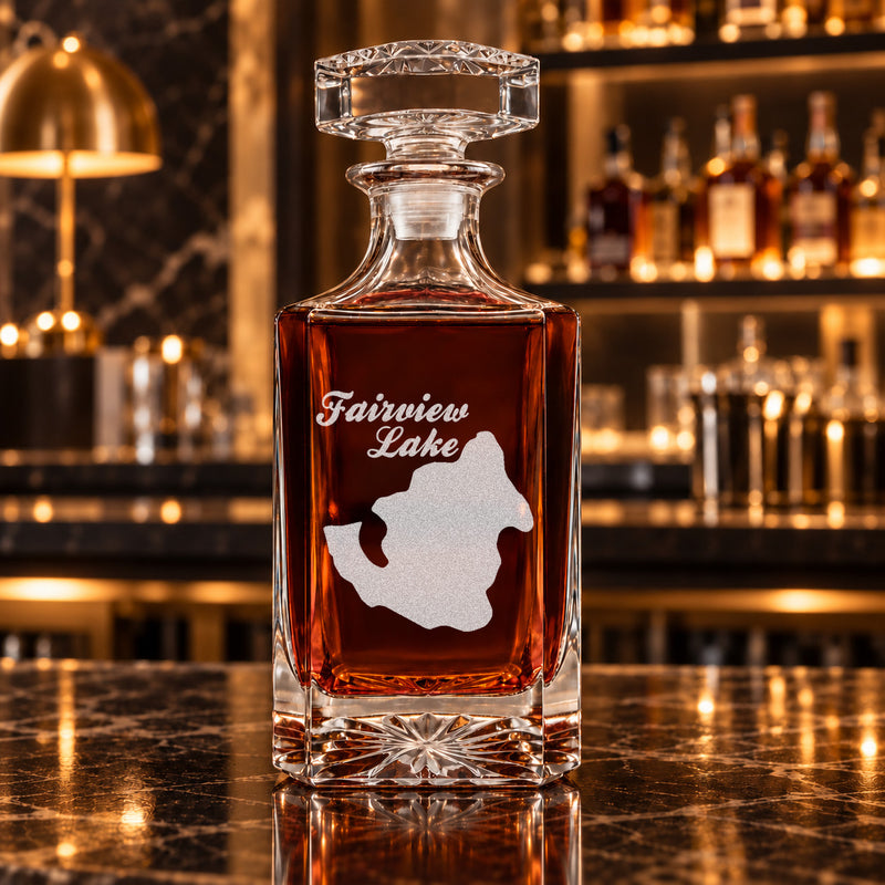 Fairview Lake Pennsylvania Minimalist engraved square whiskey decanter - decanter alone