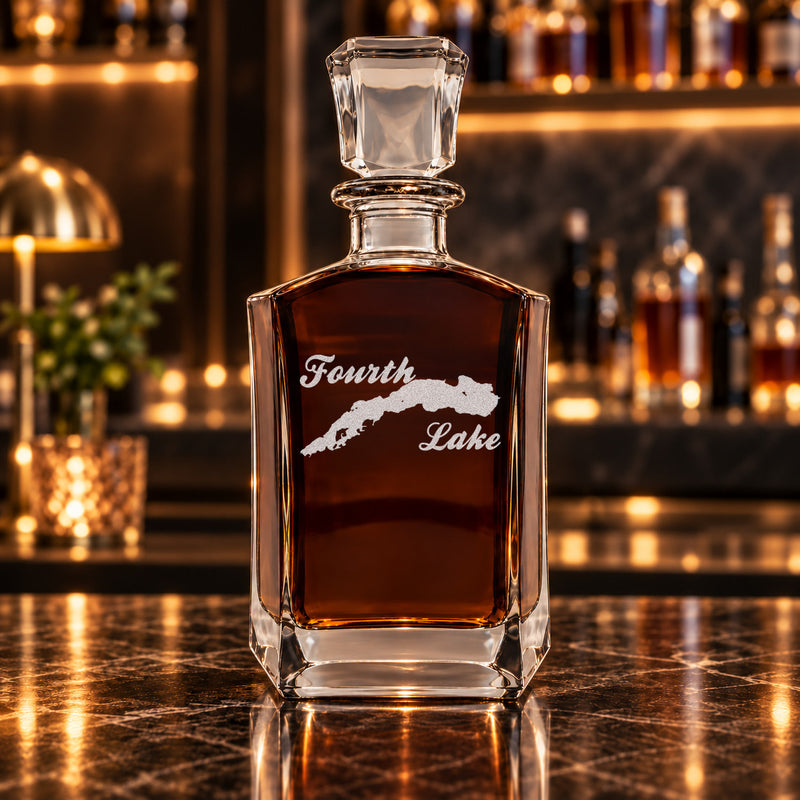 Fourth Lake New York Minimalist engraved six-sided whiskey decanter - decanter alone