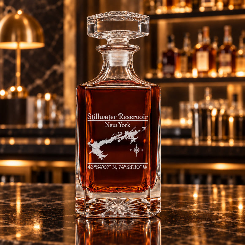 Stillwater Reservoir New York Classic engraved square whiskey decanter - decanter alone
