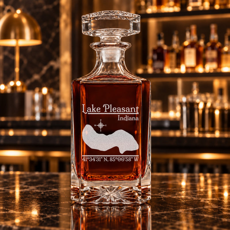 Lake Pleasant Indiana Classic engraved square whiskey decanter - decanter alone