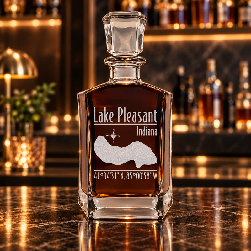 Lake Pleasant Indiana Modern engraved six-sided whiskey decanter - decanter alone