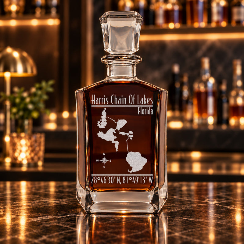 Harris Chain Of Lakes Florida Modern engraved six-sided whiskey decanter - decanter alone