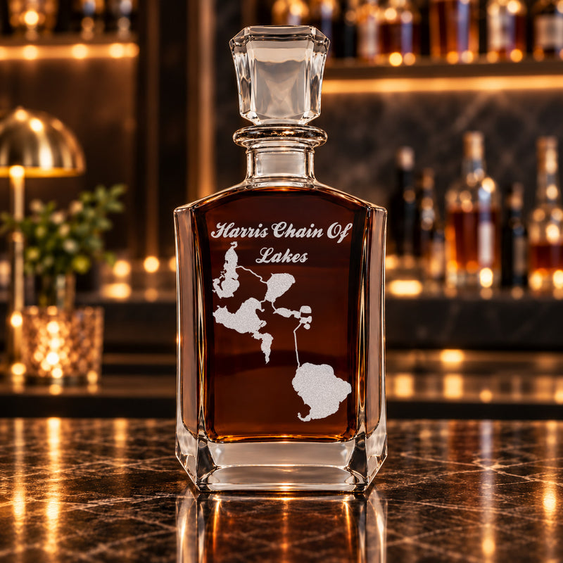 Harris Chain Of Lakes Florida Minimalist engraved six-sided whiskey decanter - decanter alone