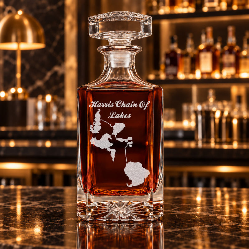Harris Chain Of Lakes Florida Minimalist engraved square whiskey decanter - decanter alone