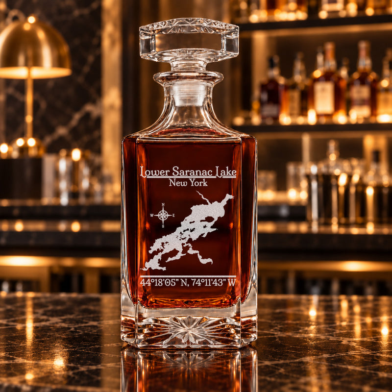 Lower Saranac Lake New York Classic engraved square whiskey decanter - decanter alone
