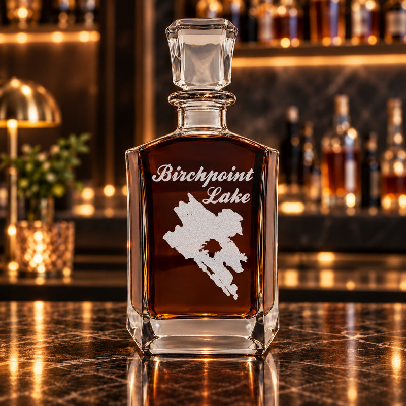 Birchpoint Lake Maine Minimalist engraved six-sided whiskey decanter - decanter alone