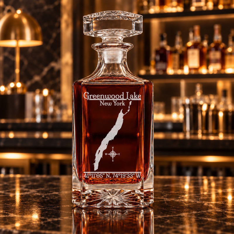 Greenwood Lake New York Classic engraved square whiskey decanter - decanter alone