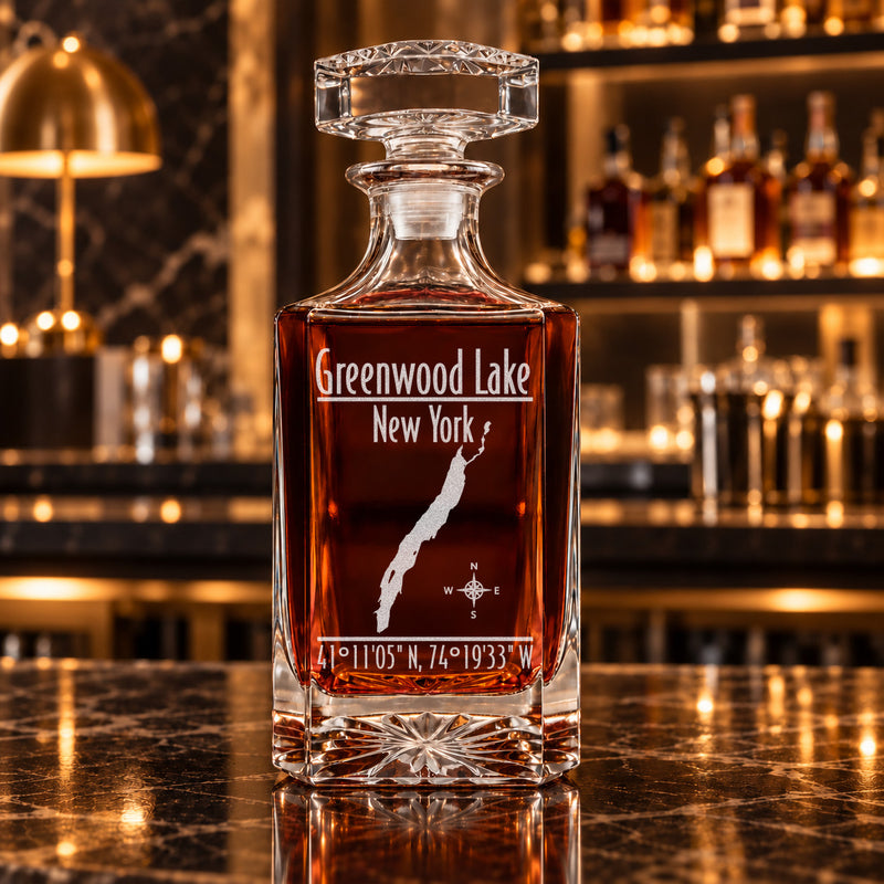 Greenwood Lake New York Modern engraved square whiskey decanter - decanter alone