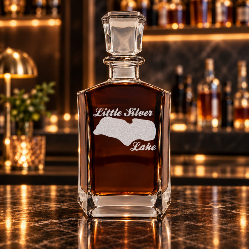 Little Silver Lake Wisconsin Minimalist engraved six-sided whiskey decanter - decanter alone