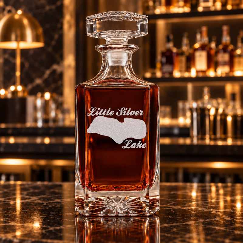 Little Silver Lake Wisconsin Minimalist engraved square whiskey decanter - decanter alone