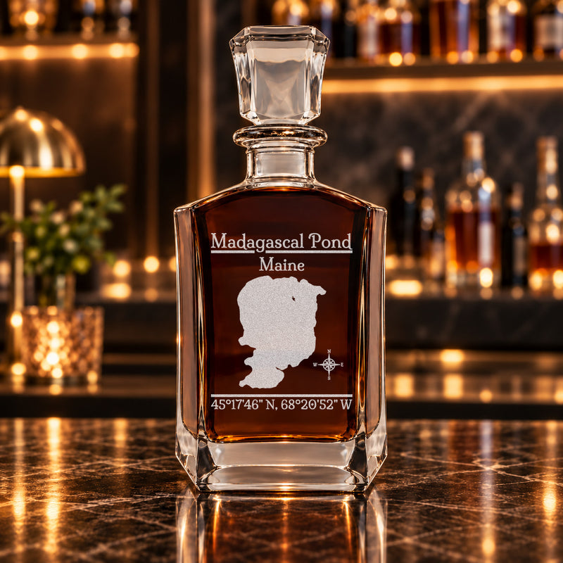 Madagascal Pond Maine Classic engraved six-sided whiskey decanter - decanter alone