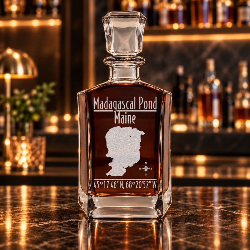 Madagascal Pond Maine Modern engraved six-sided whiskey decanter - decanter alone