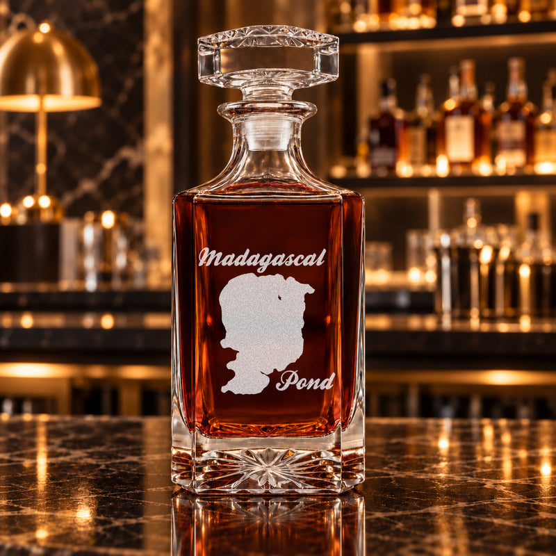 Madagascal Pond Maine Minimalist engraved square whiskey decanter - decanter alone