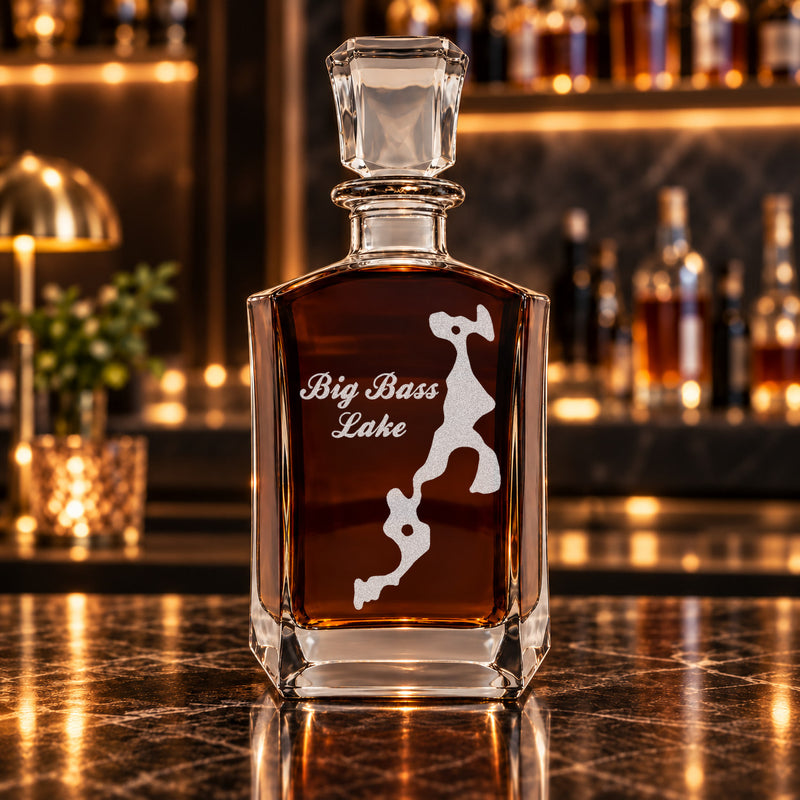 Big Bass Lake Indiana Minimalist engraved six-sided whiskey decanter - decanter alone