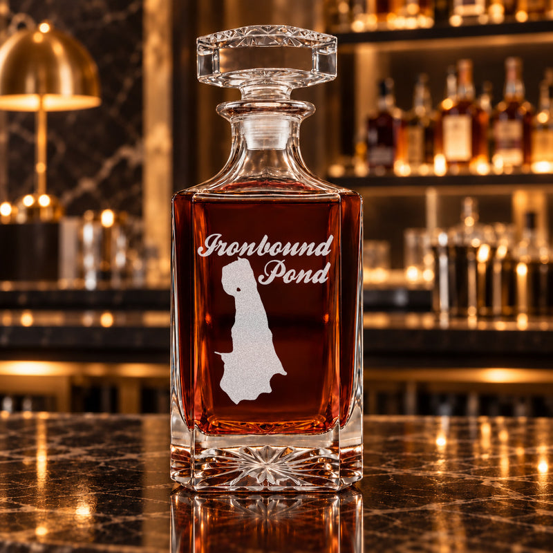 Ironbound Pond Maine Minimalist engraved square whiskey decanter - decanter alone
