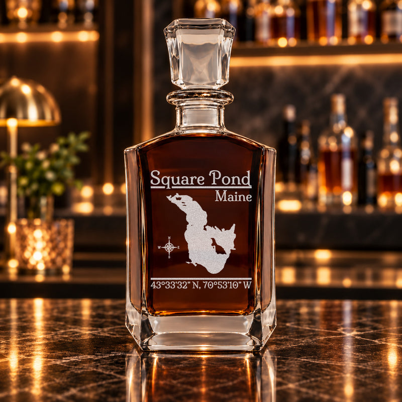 Square Pond Maine Classic engraved six-sided whiskey decanter - decanter alone